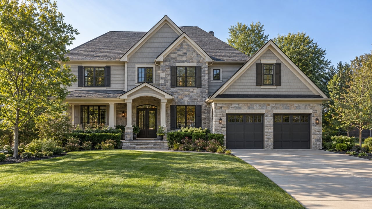 Two-story cream stucco home with a recessed front door, diagonal concrete walkway, broad lawn, and young oak.