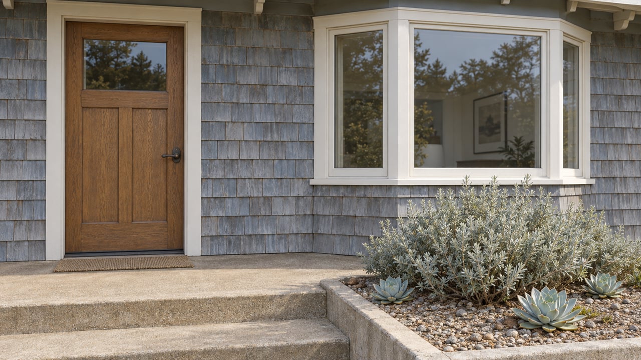 Pale-blue shingle cottage entry beside an off-white bay window, with a concrete landing and silver-leaf sage and succulent planting.