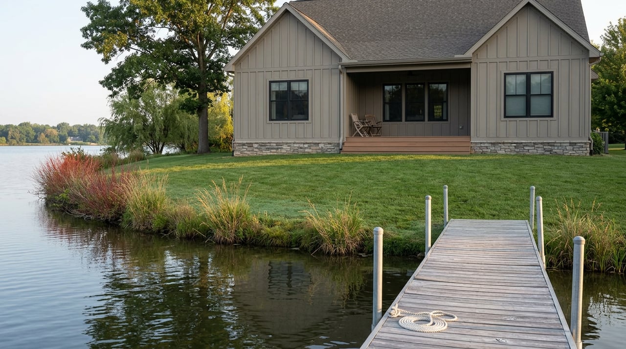 Lakefront home with a covered porch, green lawn, and plank dock extending over calm water.