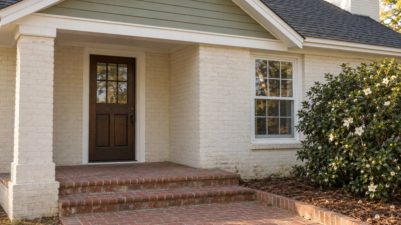 Traditional painted-brick home entry with an oak door, brick steps, sage gable siding and a white-flowering camellia.