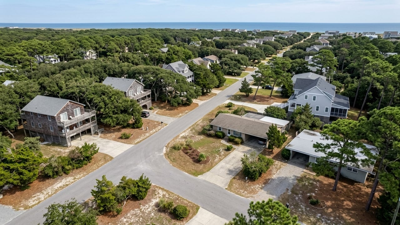 Aerial view of coastal homes among trees, with the ocean on the horizon.