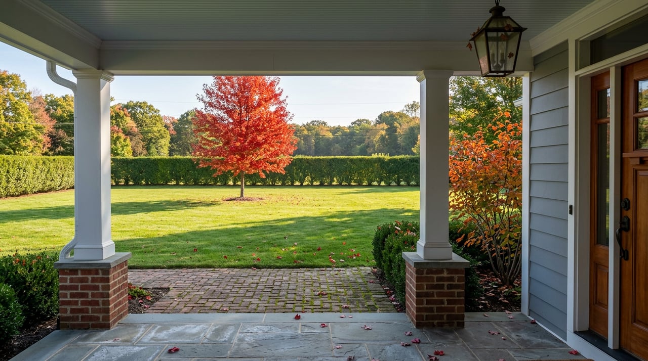 Covered porch with white columns overlooking a brick walk, red maple, lawn, and clipped hedge.