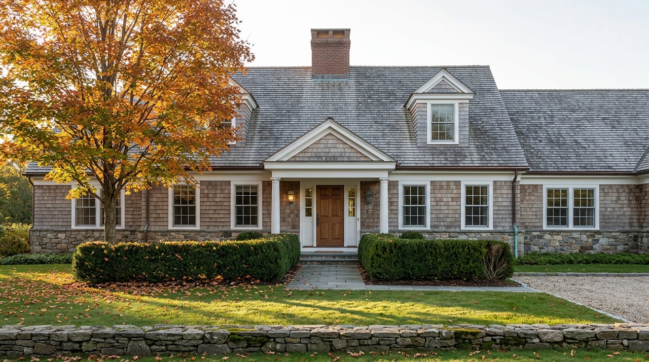 Shingle-style estate home with a fieldstone base, boxwood hedge, and a fall-colored sugar maple beside the lawn.