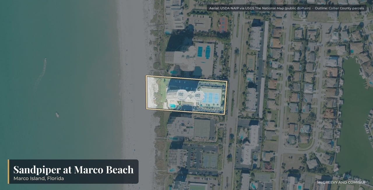 Aerial view of Sandpiper on Marco Island, Florida, the 1984 beachfront tower at 850 South Collier Boulevard on the southern half of the beach