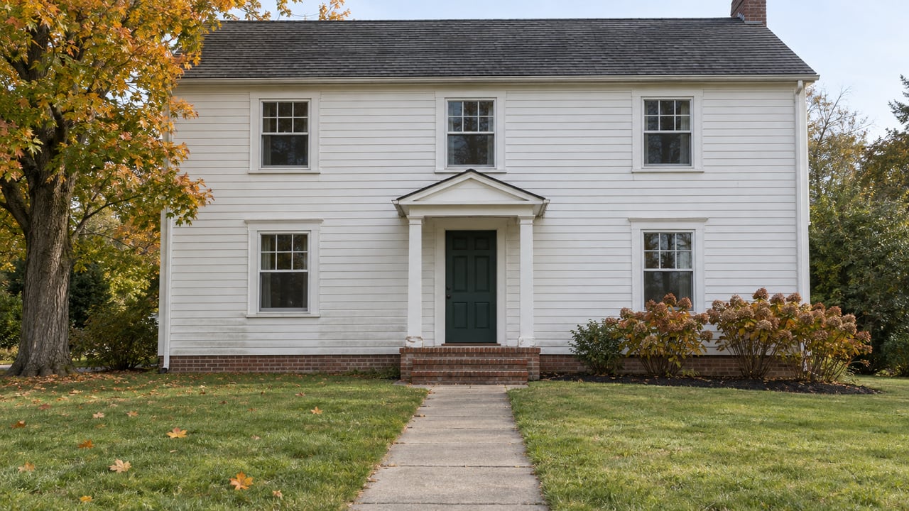 White clapboard house with a brick entry, deep autumn lawn and a mature maple beside the front walk.