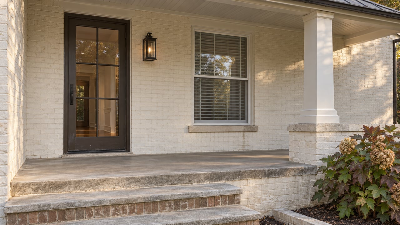 Off-white painted brick home with a covered porch, dark glazed door, white window blinds and worn stone entry steps.