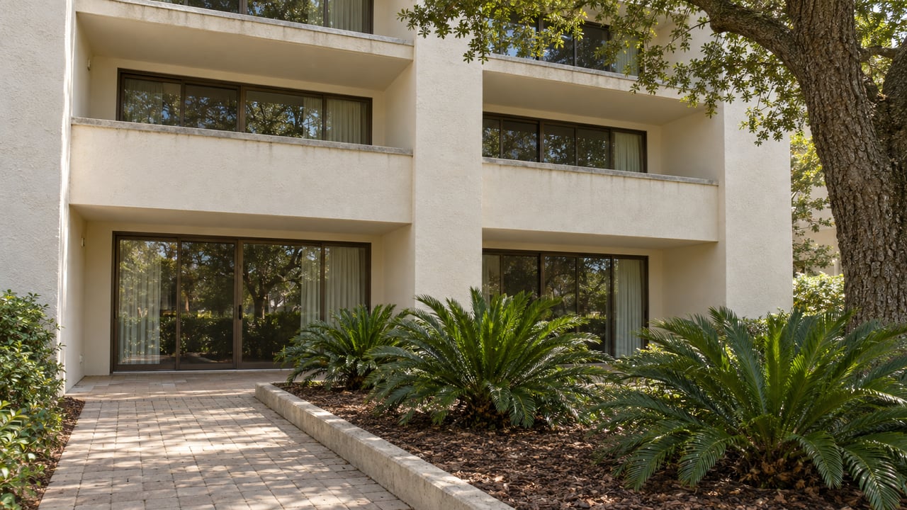 Pale stucco condominium balconies and bronze-framed glass doors beside a paver approach, a mature live oak and coontie planting.
