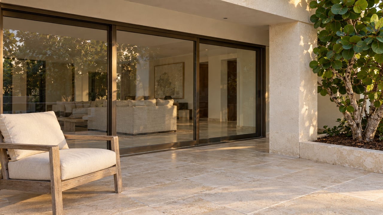 Covered terrace with ivory limestone paving, bronze sliding glass doors, a teak lounge chair, and a sea grape tree in a raised stone bed.