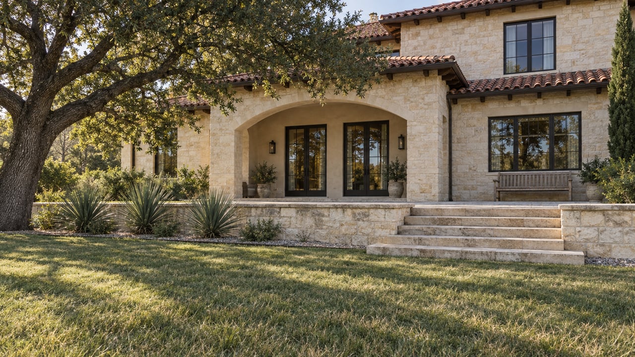 Sloping lawn rises to broad stone steps and a limestone terrace beneath a clay-tile-roofed house, with a mature oak to the left.