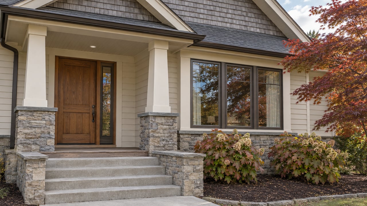 Gabled home with cedar shingles, a covered timber porch, broad concrete steps and a bronze-framed window bay beside autumn planting.