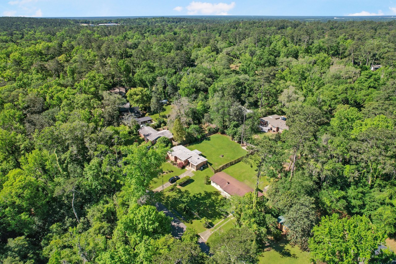 Another aerial view of the Indian Head neighborhood, focusing on houses surrounded by dense forested areas.