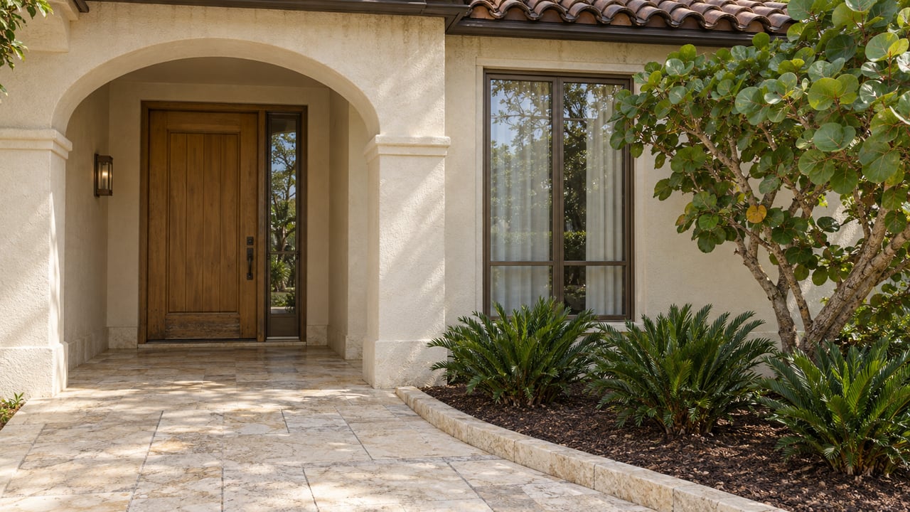 Ivory stucco home with a recessed arched entrance, timber door, limestone walkway, and sculptural sea grape planting.