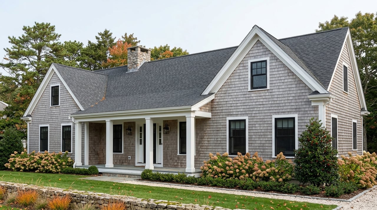 Weathered gray-shingle Cape Cod home with a covered porch, deep lawn, stone wall, and early-autumn foliage.