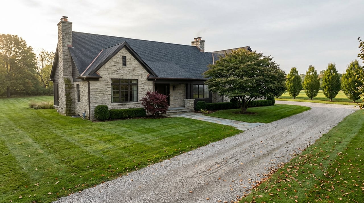 Stone estate with steep gabled roof, twin chimneys, broad lawn, and curved gravel driveway beneath specimen trees.
