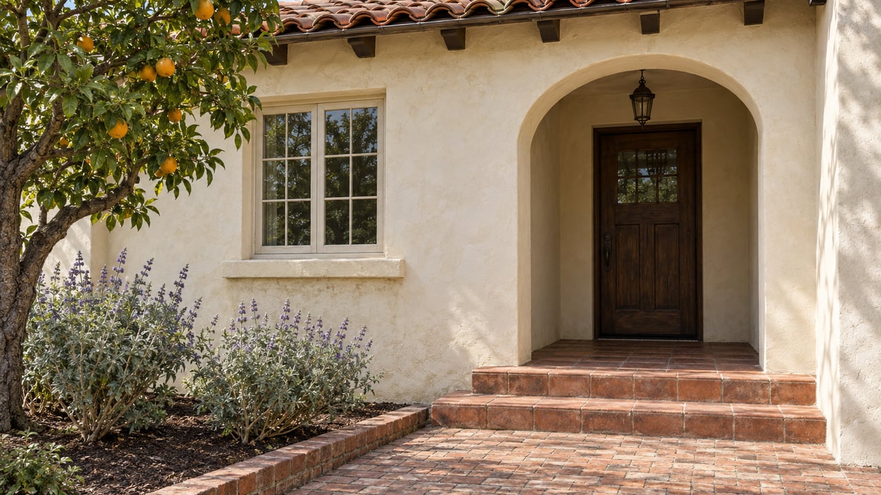 Arched stucco entry with a weathered oak door, clay roof tiles and brick garden approach beside a mature orange tree.
