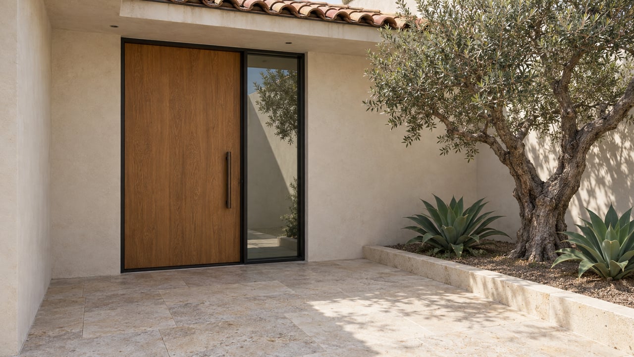 Sunlit stucco home entry with an oak door, black-framed sidelight, limestone paving and an olive tree in a raised bed.