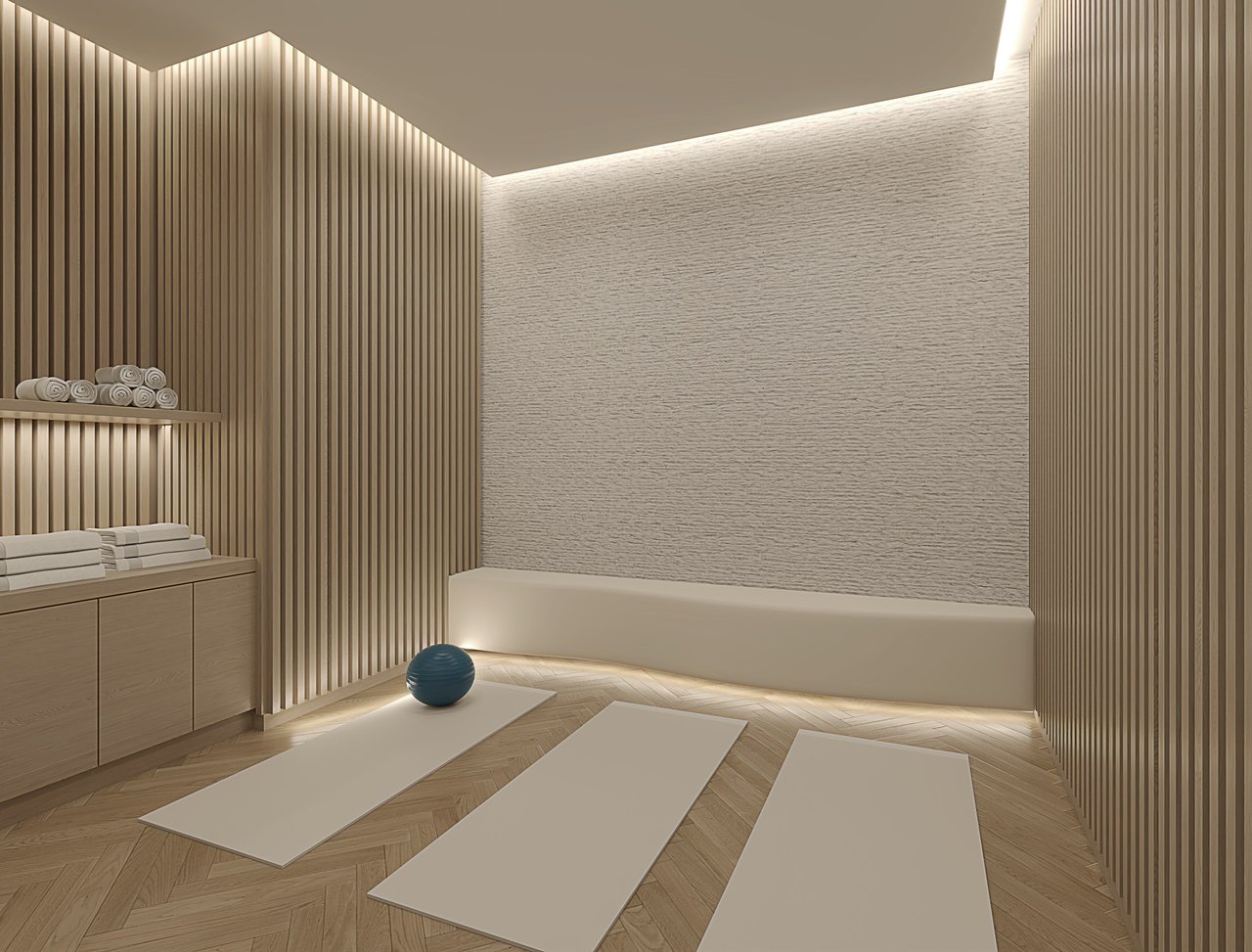 Ocean 580 wellness room rendering with warm wood finishes.
