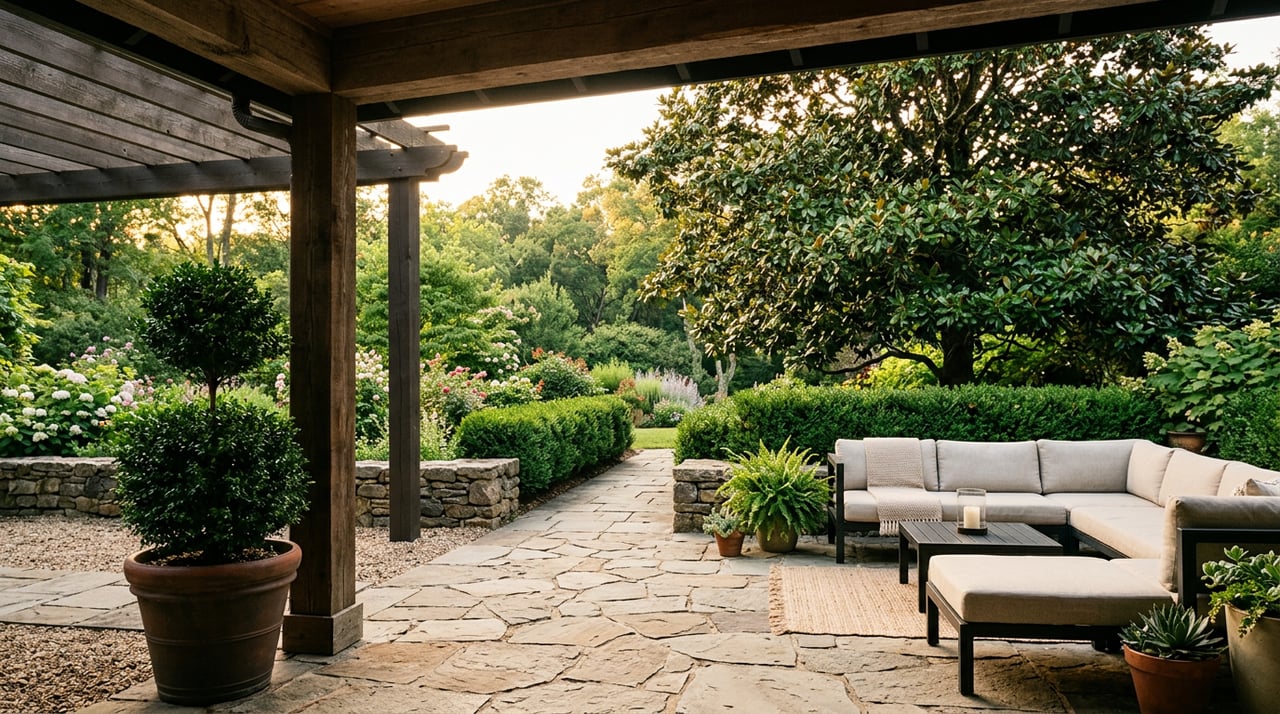 Stone patio beneath a pergola with a black-framed sectional, potted topiary, and magnolia beyond a fieldstone wall.