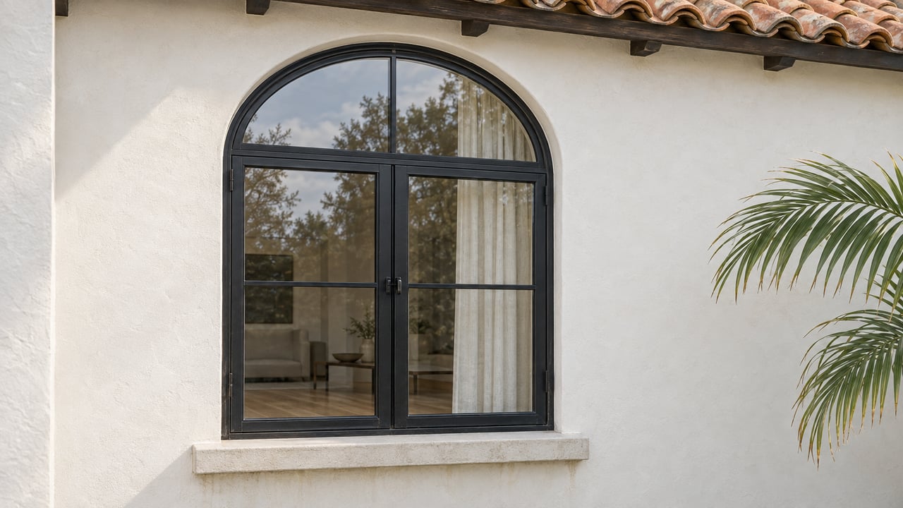 Arched black-framed window in warm-white stucco beneath red clay roof tiles, with a palm frond at the edge.
