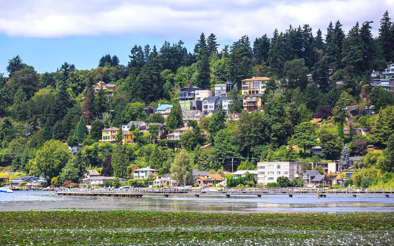 Waterfront neighborhood with hillside homes, a tree-lined shore, and a long pedestrian pier.