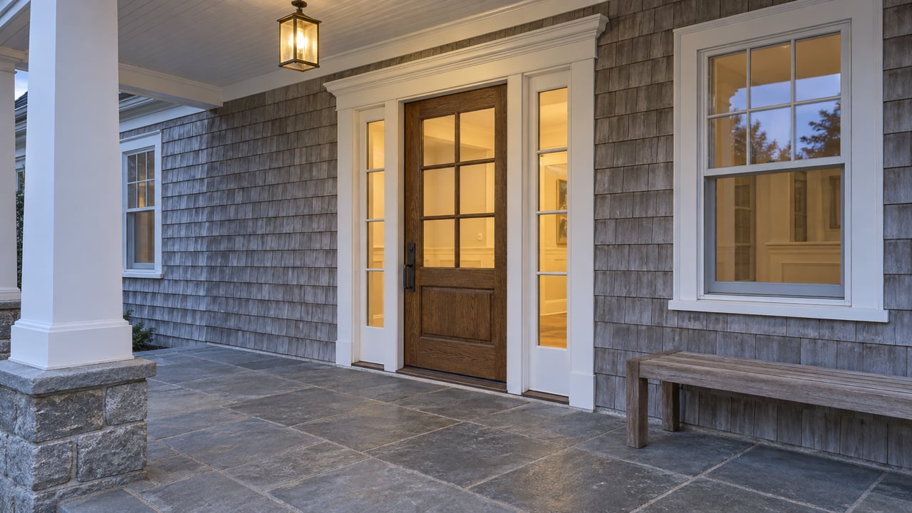 Cedar-shingle entry porch with white trim, a glazed oak door, bluestone paving and a weathered teak bench in cool twilight.