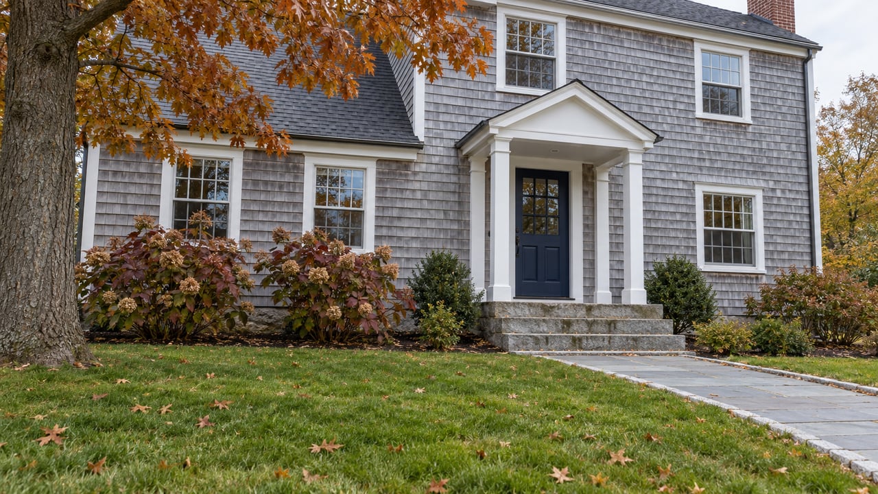 Gray cedar-shingle home with white window trim, a navy front door, granite steps, and an autumn lawn beneath a mature oak.