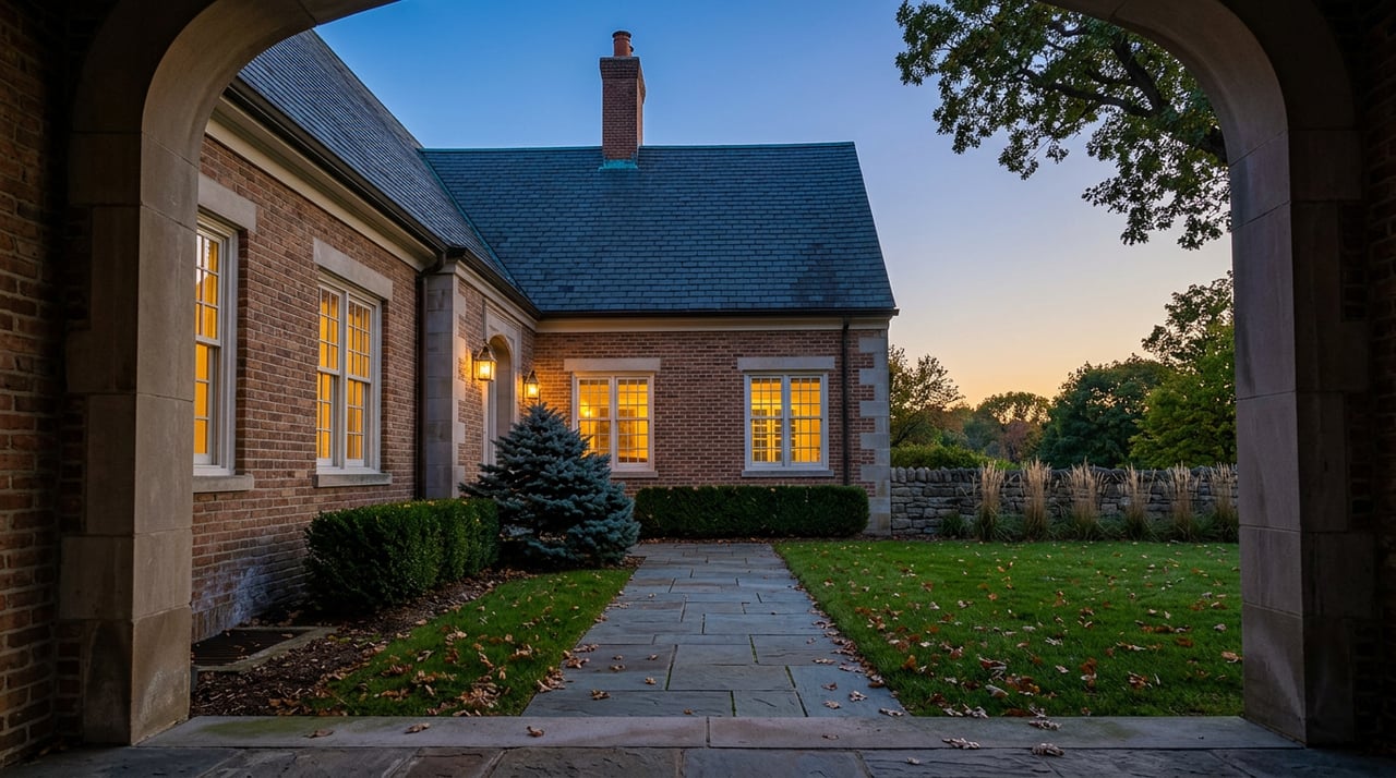 Brick-and-stone estate home at dusk, with glowing multi-pane windows, a bronze lantern, and a spruce beside the entry.