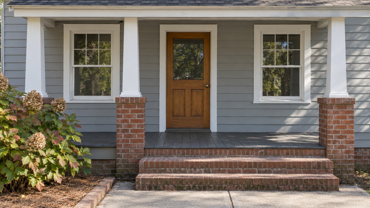 Gray lap-sided cottage entry with white porch posts, red brick steps, paired windows and an oakleaf hydrangea beside the concrete walk.