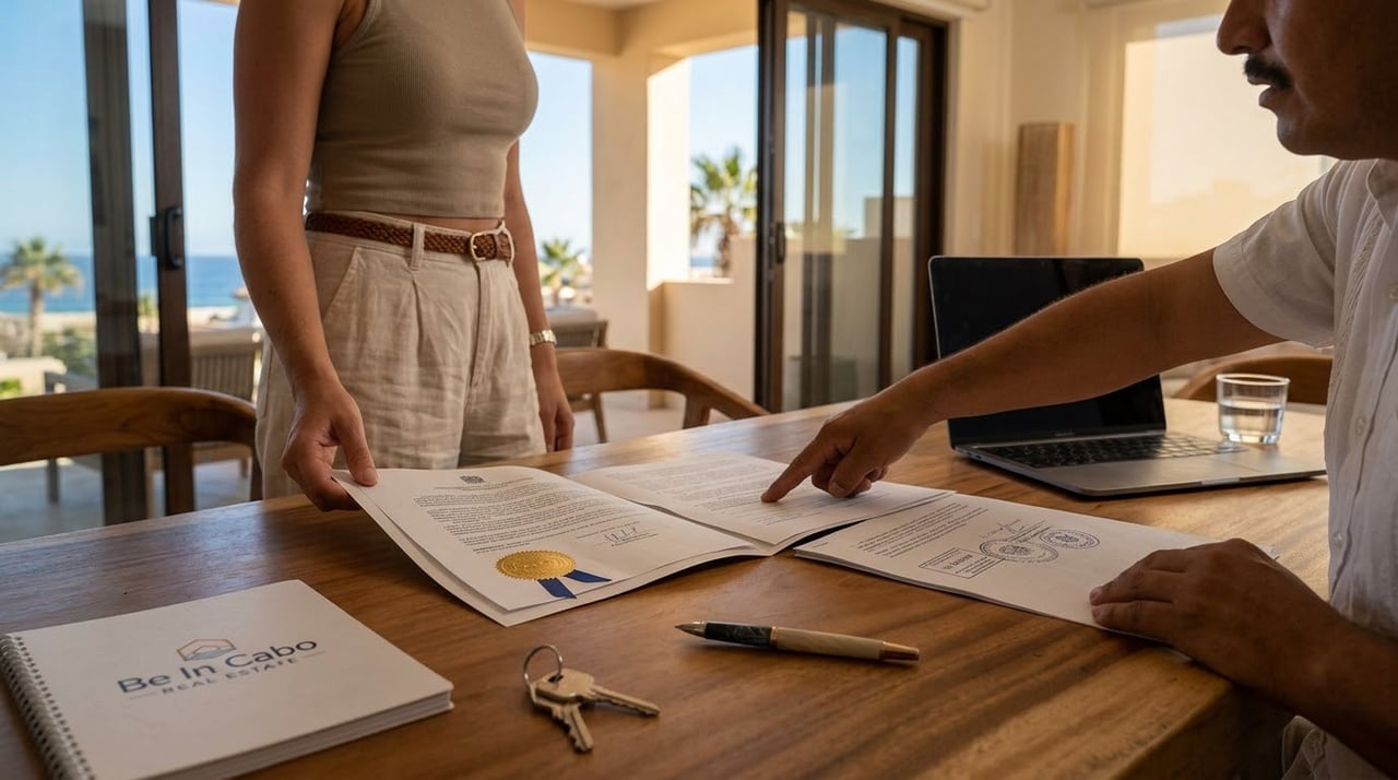 Two people review real estate paperwork beside keys and a laptop, with an ocean view through glass doors.
