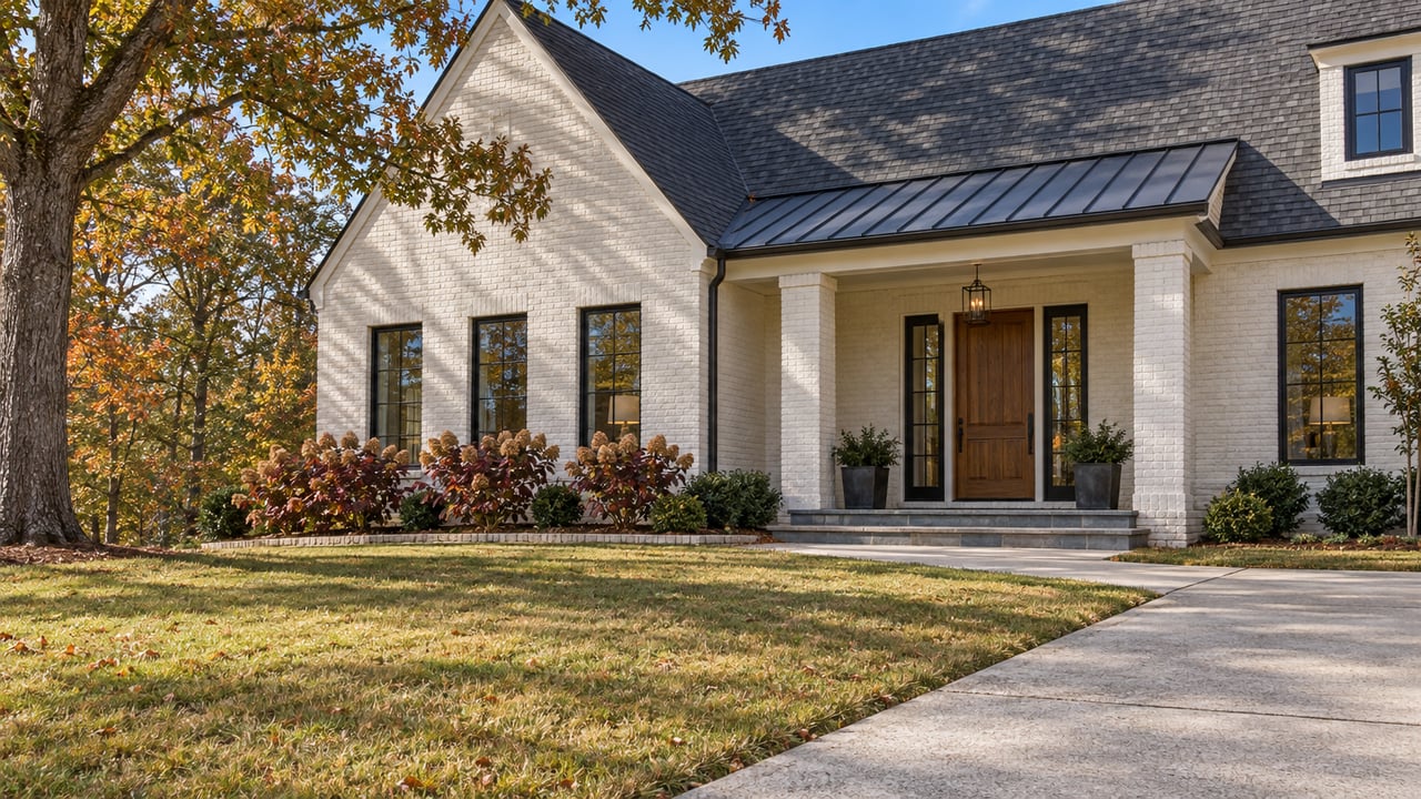 White-painted brick home with a steep gable, black-framed windows and an oak entry door beyond a deep autumn lawn.