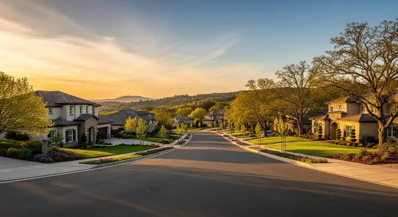 Danville neighborhood street lined with large homes and landscaped yards at golden hour.