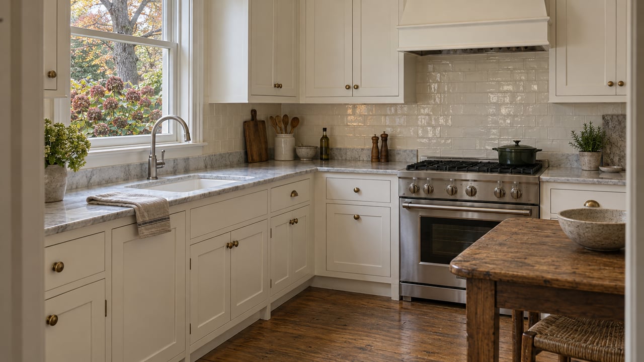 An established home's updated kitchen with white inset cabinets, honed marble counters, worn oak floors and a wood worktable beside a closed garden-facing window.