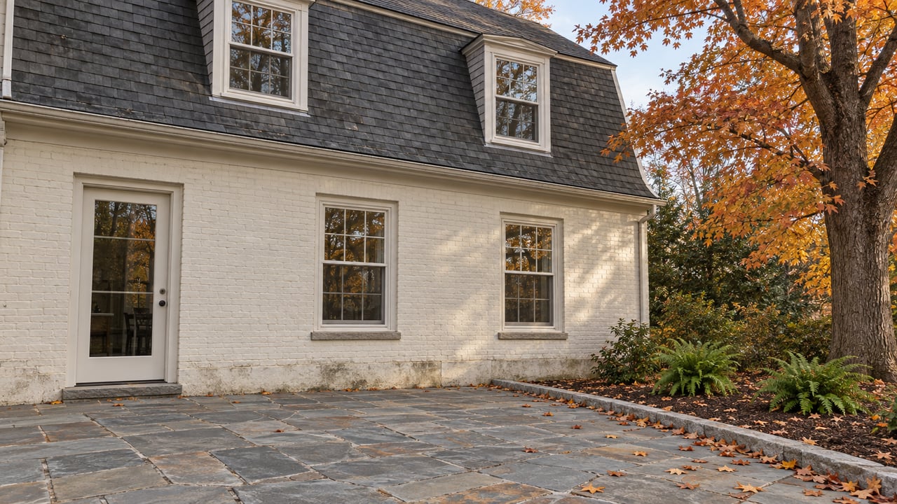 Autumn light across a painted-brick and clapboard gambrel home, with closed sash windows and a weathered bluestone rear terrace beside a sugar maple.