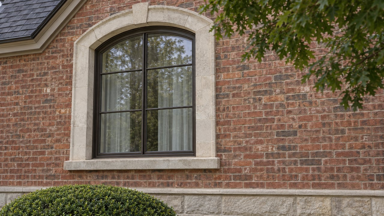 Arched window with a bronze frame in a red-brick wall, framed by a pale limestone arch.