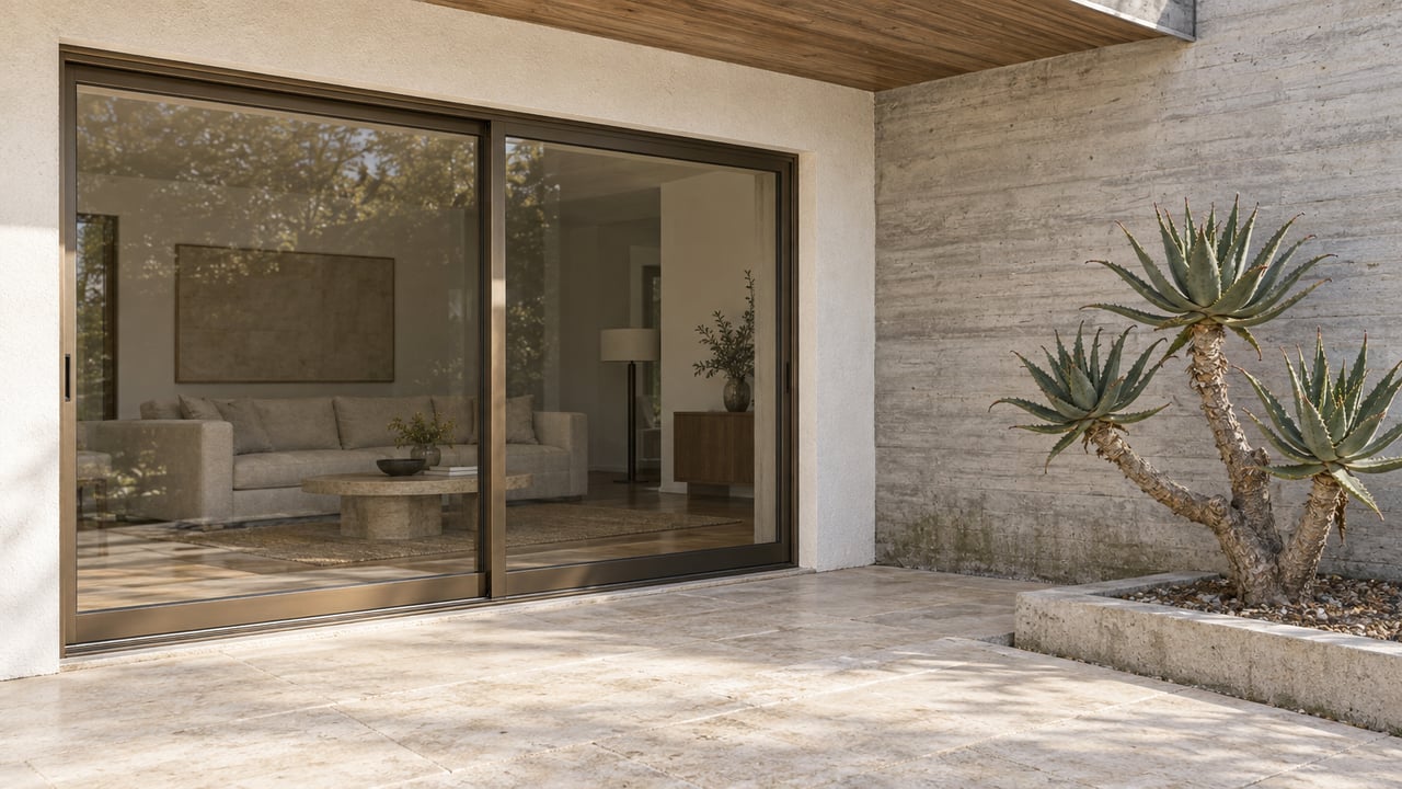 Close view of a modern home's limestone terrace, bronze-framed glass doors, cedar soffit and sculptural aloe beside a concrete wall.