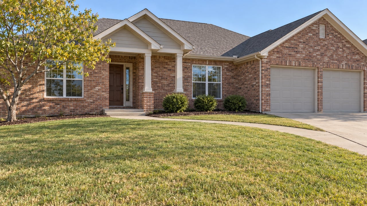 A red-brick single-story house behind a broad mown lawn, with a recessed porch, curved concrete walk and attached two-car garage.