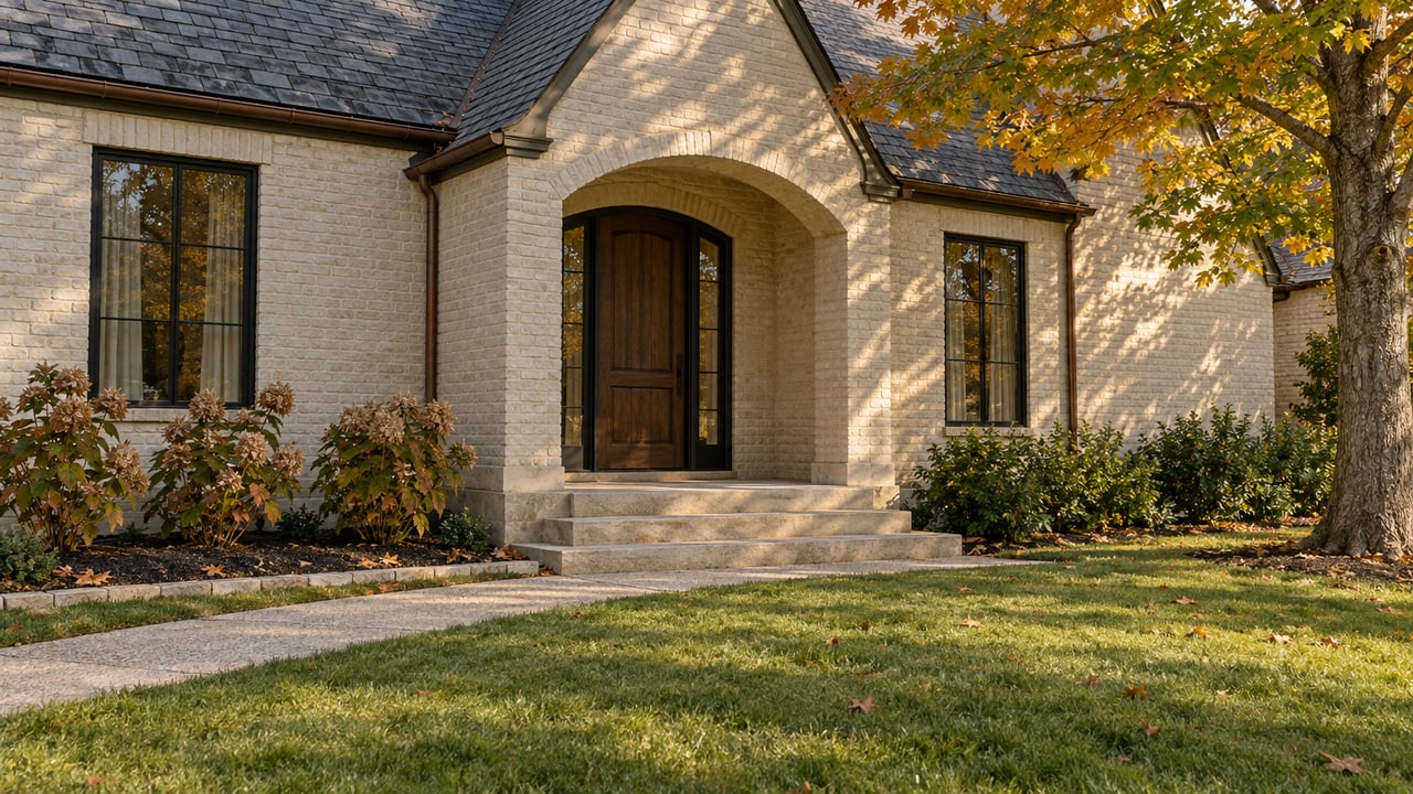 Ivory painted-brick home with an arched oak doorway, limestone steps and an autumn maple beside a broad lawn.