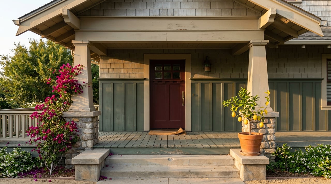 Craftsman bungalow porch with an oxblood door, magenta bougainvillea, and a potted lemon tree.
