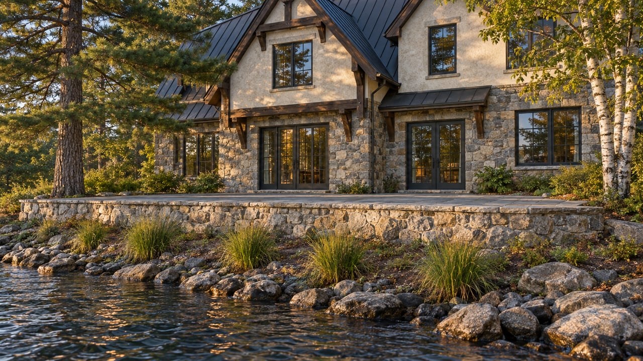 Two-story gabled stone-and-stucco house above a sloping, planted bank and wet shoreline stones.