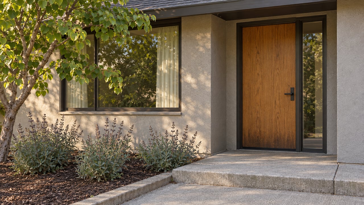 Close view of an oak front door and bronze-framed window in a warm gray stucco home, beside a western redbud and a concrete entry landing.