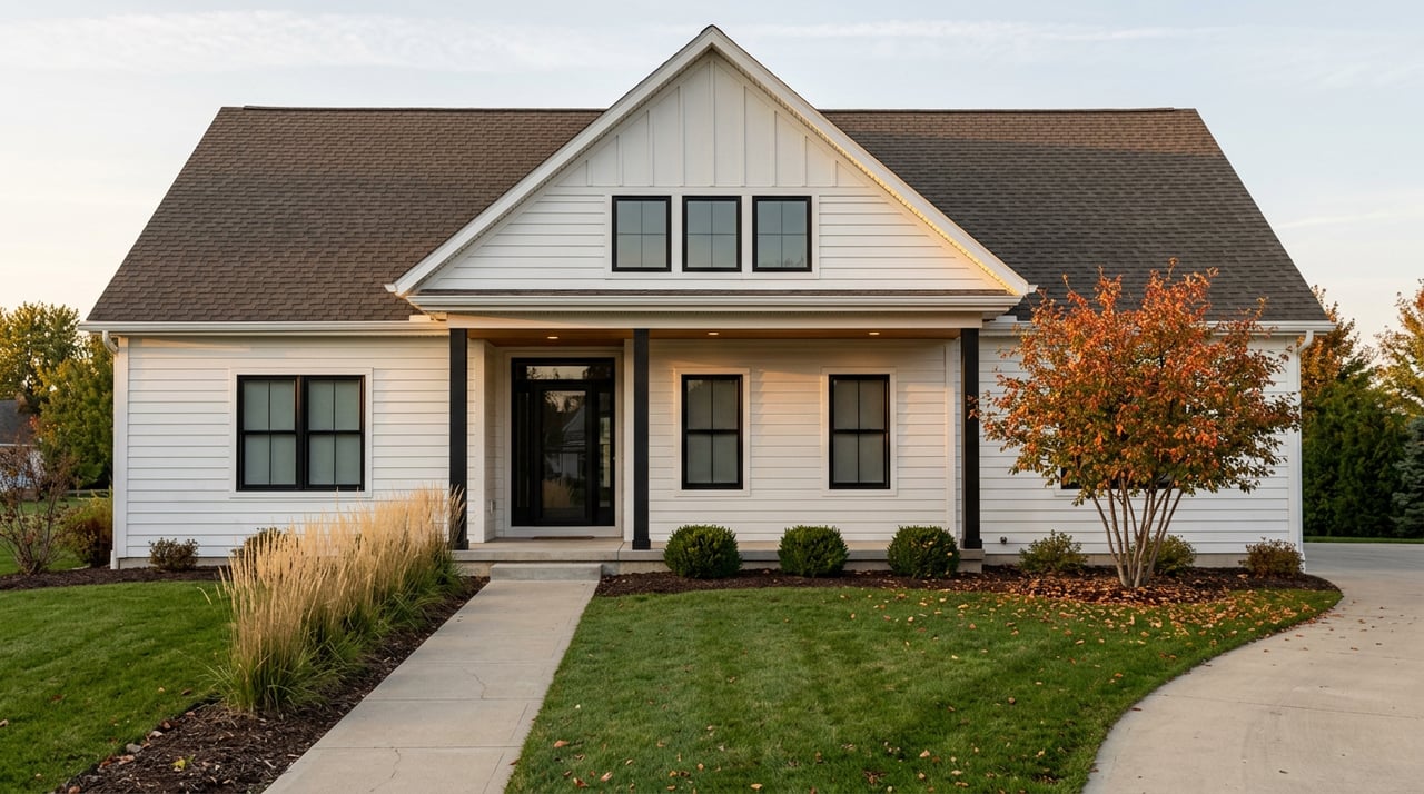 White farmhouse with a deep gabled entry, black-framed windows, and a serviceberry tree turning orange-red beside the lawn.