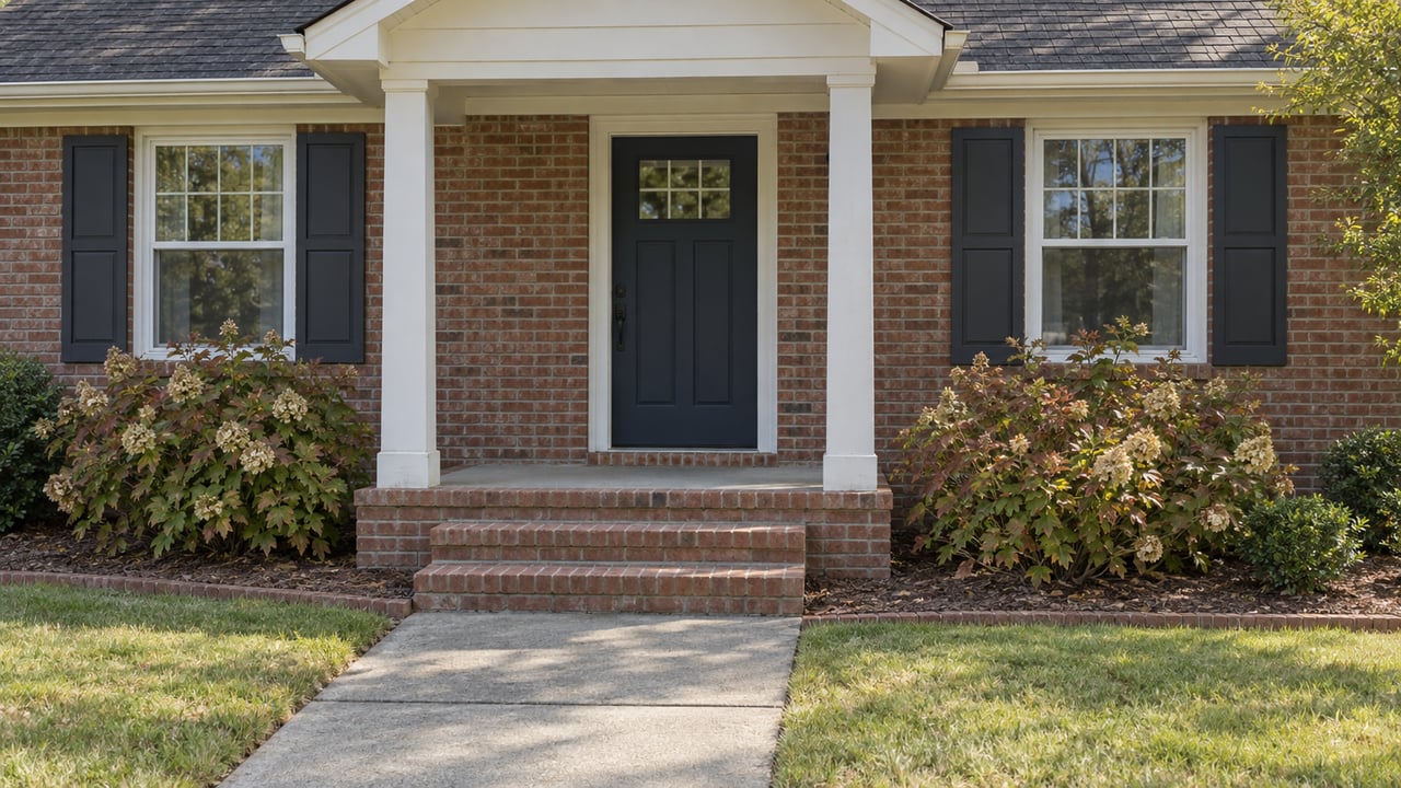 Brick single-story home with a white porch, navy front door, paired shuttered windows and oakleaf hydrangeas beside a worn brick approach.
