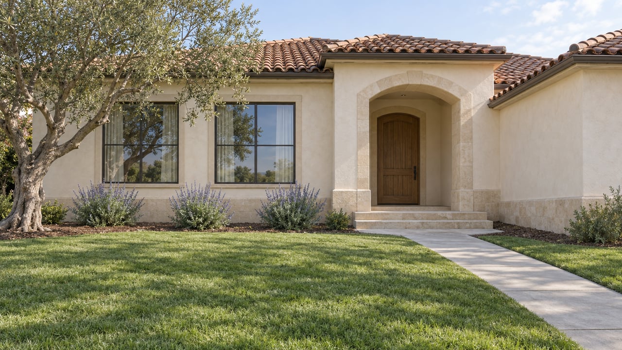 Tile-roofed stucco home with an arched oak entry, deep front lawn, and a mature olive tree in soft sunlight.