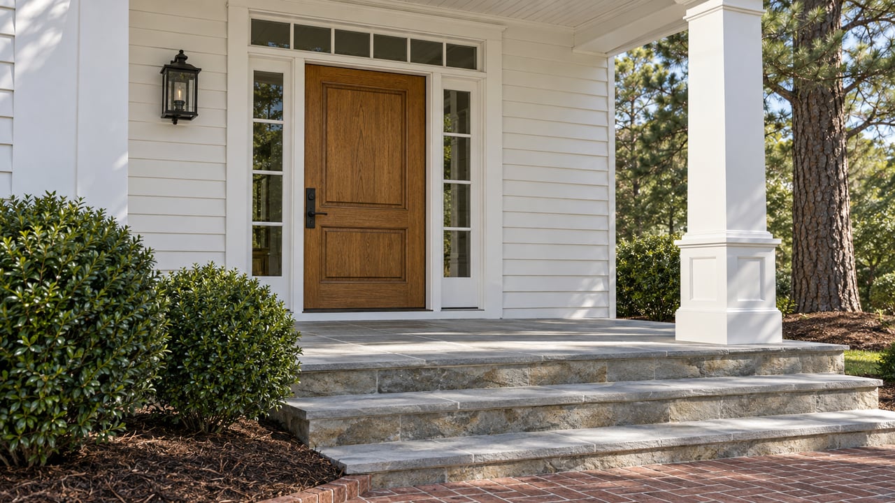 White clapboard porch with an oak entry door, glazed sidelights, broad stone steps, and carefully edged shrub beds.