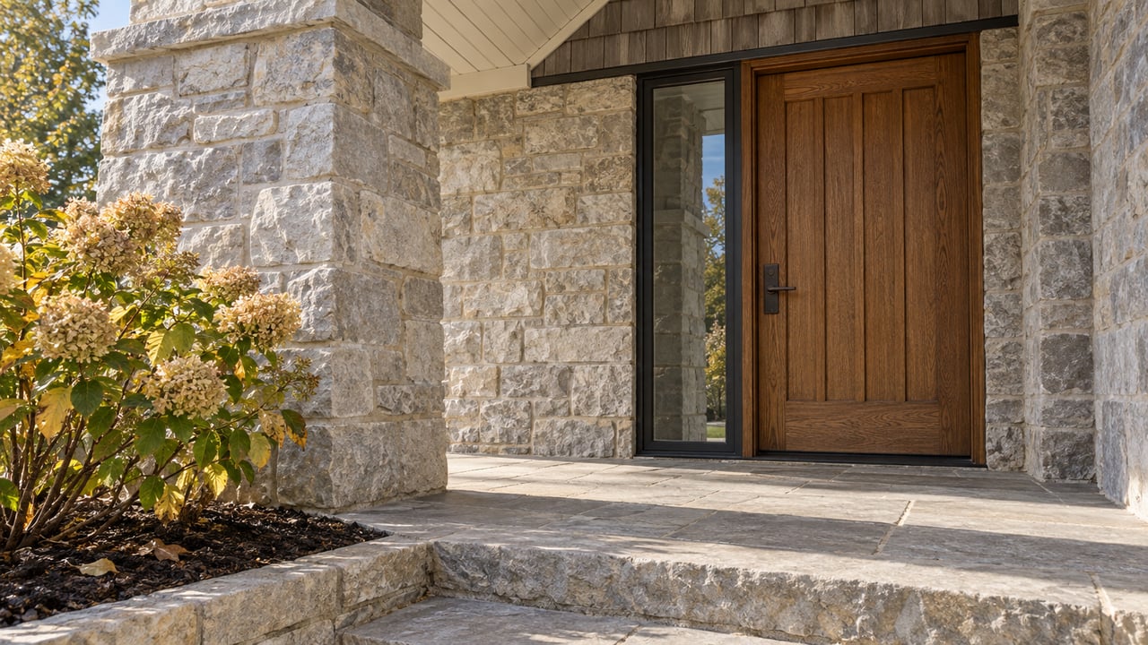 Stone home entry with a large wood door, glass sidelight, broad steps, and autumn hydrangeas.