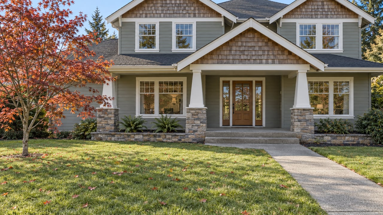 Gray-green Craftsman house beyond a deep autumn lawn, with cedar-shingled gables, a stone-based covered porch and a copper-red maple.