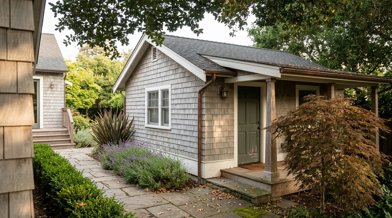 Detached cedar-shingled cottage with covered porch beneath oak branches, beside a flagstone garden path.
