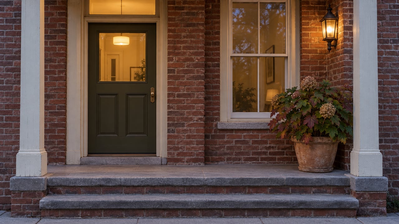 Blue-hour view of a brick home's olive entry door, cream-trimmed sash window and worn stone steps, illuminated by a warm porch lantern.