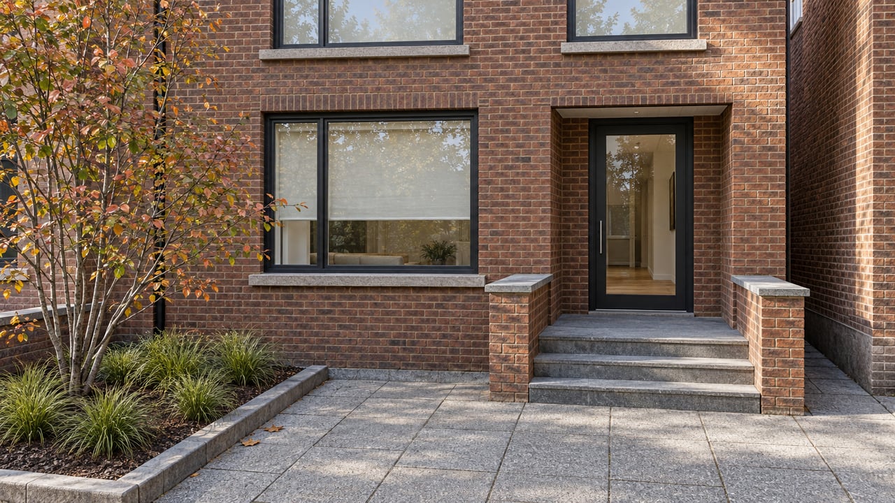 Elevated view of a brick townhouse entrance with bluestone steps, charcoal-framed windows and a copper-leaved serviceberry in a curb-edged planting bed.