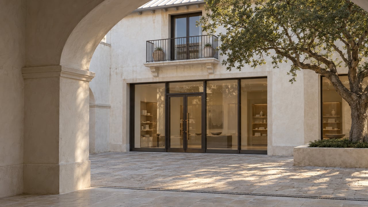 White plaster arcade frames a glazed storefront and balcony across a paved courtyard, with an oak tree at right.